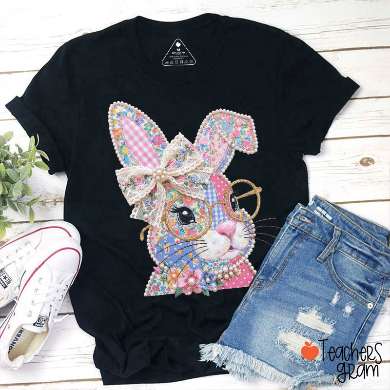 Faux Patchwork Bunny Teacher T-Shirt