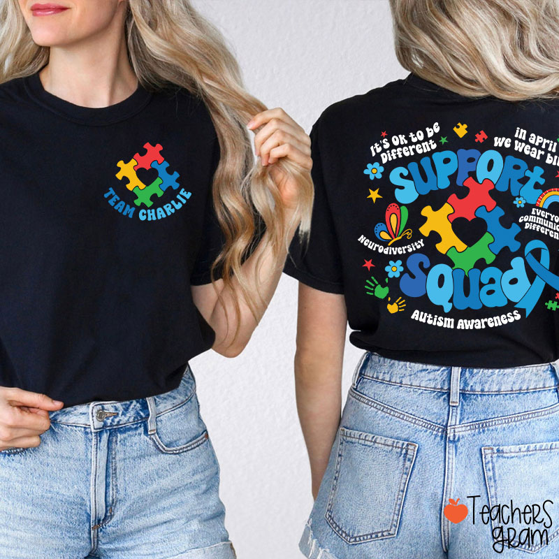 Personalized Name Autism Awareness Support Squad Teacher Two Sided T-Shirt