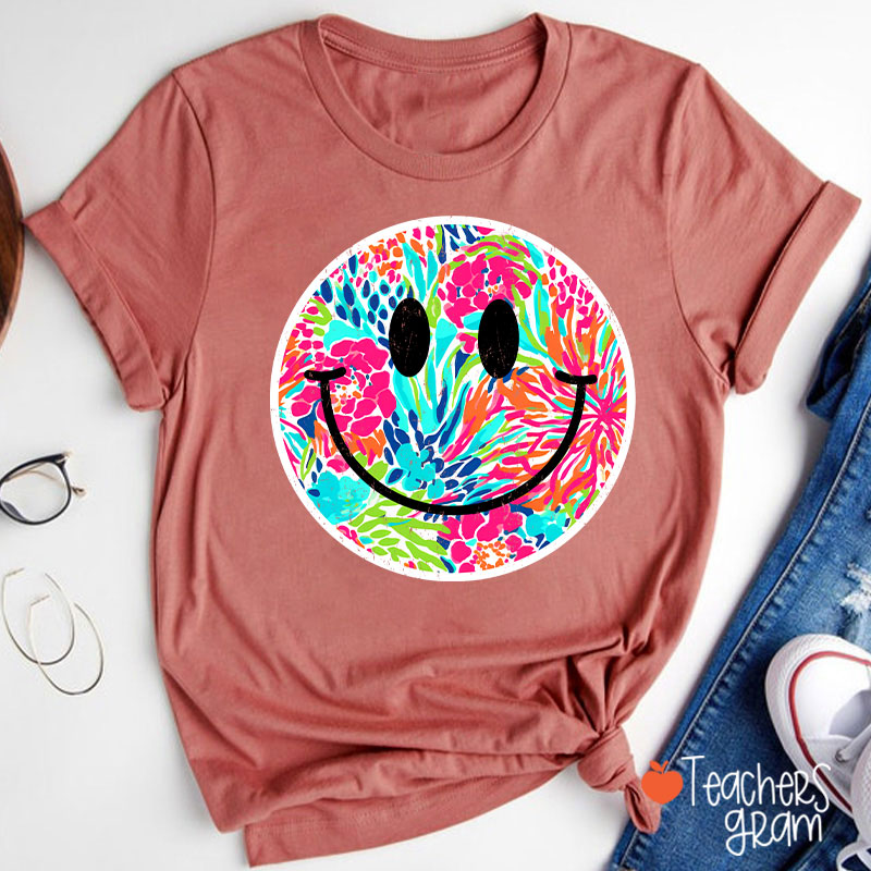 Smile Face Summer Floral Retro Beach Vibes Teacher T-Shirt