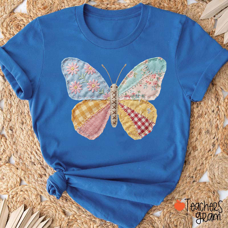 Faux Patchwork Butterfly Teacher T-Shirt