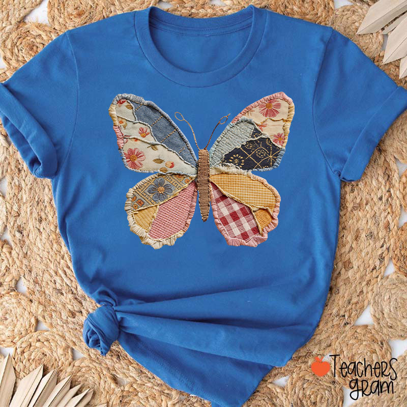 Faux Patchwork Butterfly Teacher T-Shirt