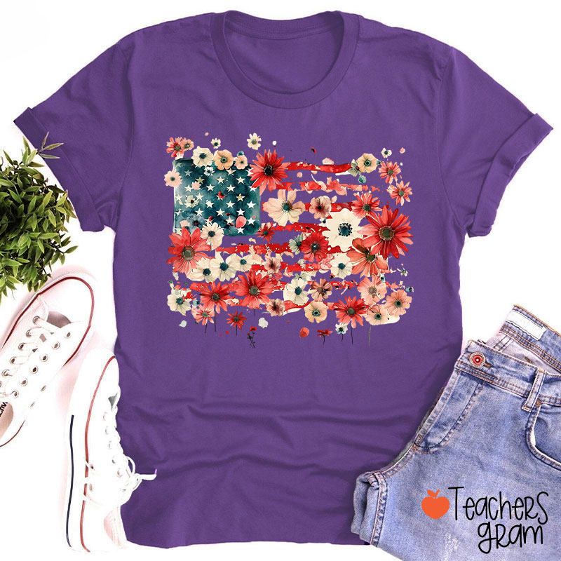 American Flag Floral Teacher T-Shirt