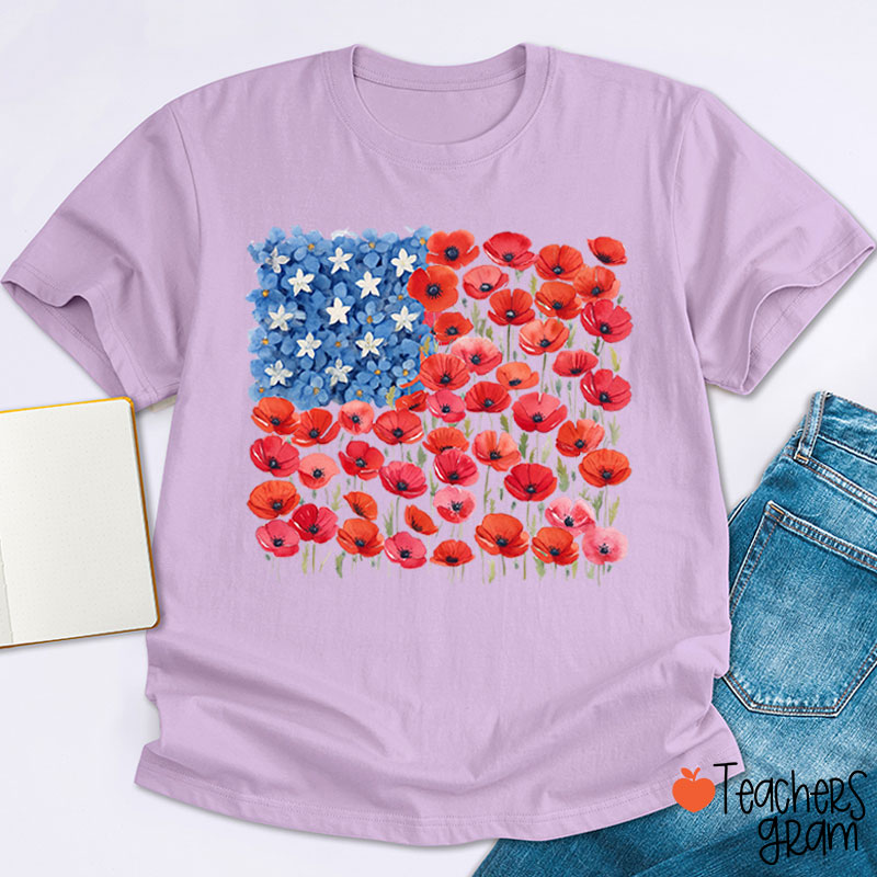 Floral USA Flag 250th Anniversary Teacher T-Shirt