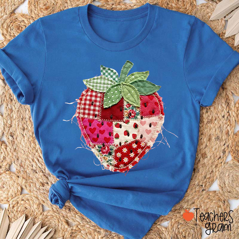 Faux Patchwork Strawberry Teacher T-Shirt