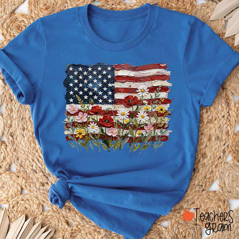 American Flag Floral Teacher T-Shirt
