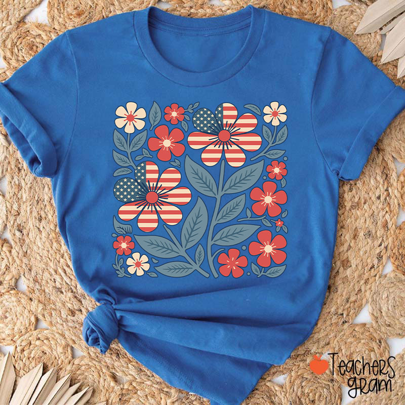 Boho Patriotic Daisy Teacher T-Shirt
