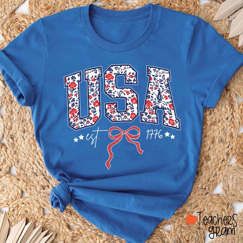 Floral USA Coquette Patriotic Teacher T-Shirt