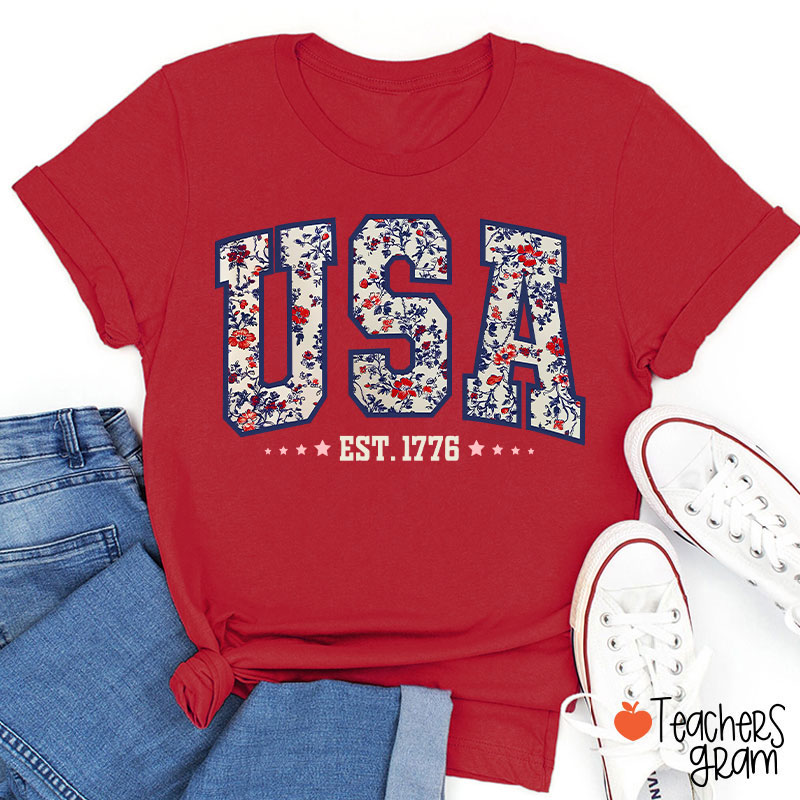 Retro Floral USA Teacher T-Shirt