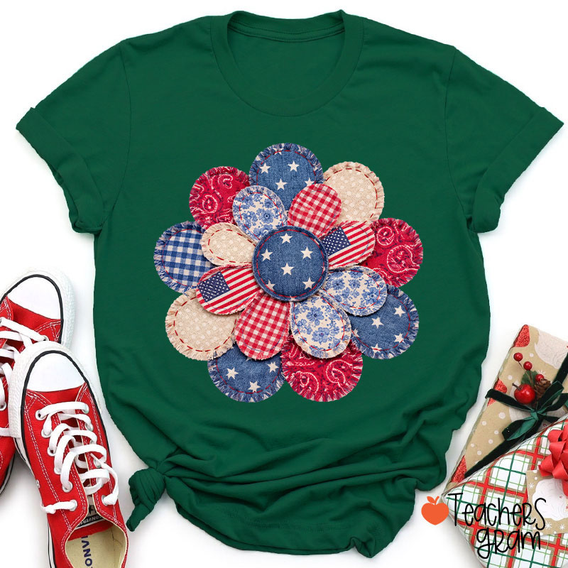 Faux Patchwork American Flag Flower Teacher T-Shirt