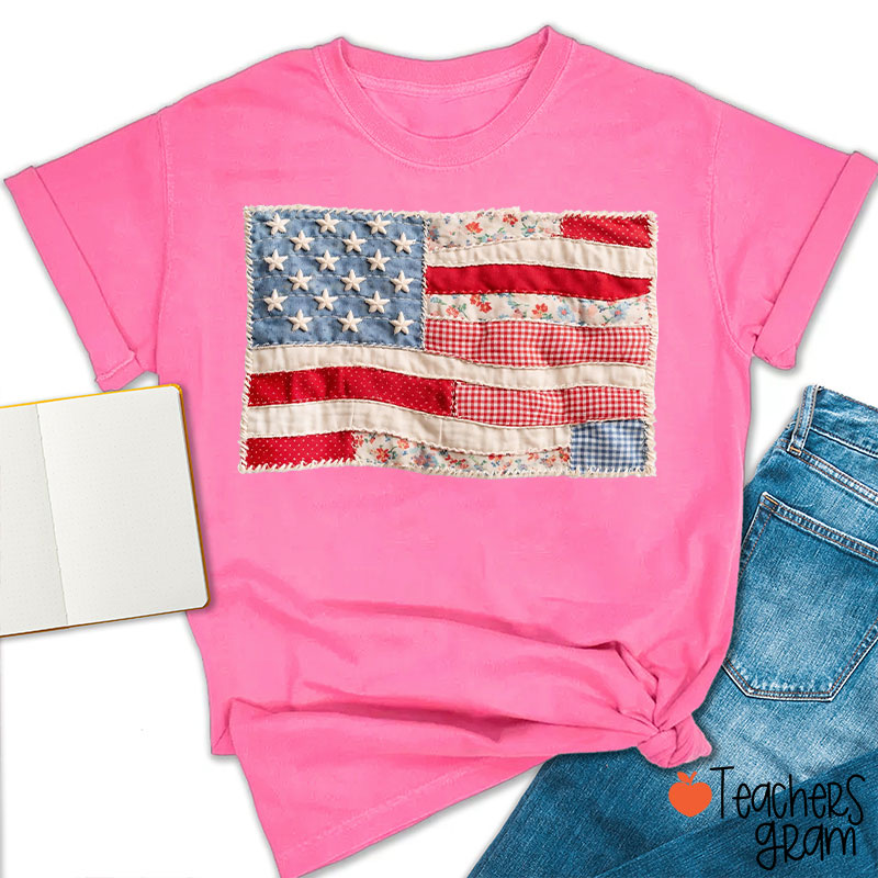 Faux Patchwork American Flag Teacher T-Shirt