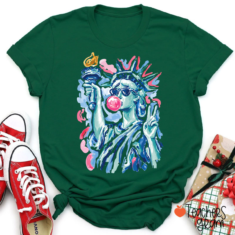 Preppy Statue Of Liberty Blowing Bubble Teacher T-Shirt