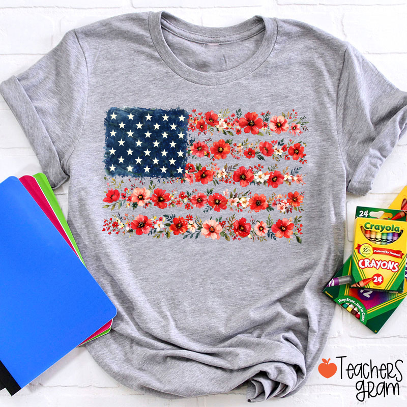 American Flag Wild Flower Teacher T-Shirt