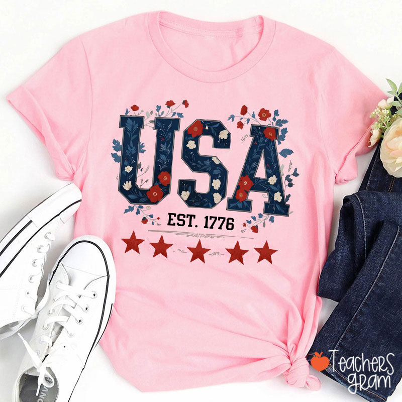 Floral USA Est 1776 Teacher T-Shirt