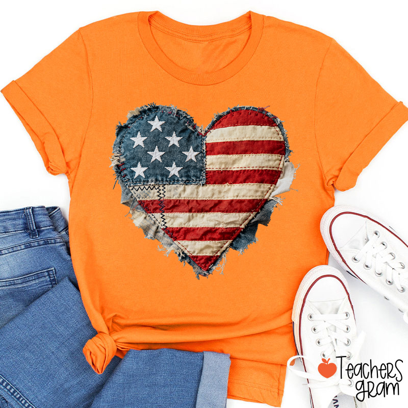 Faux Patchwork American Flag Heart Teacher T-Shirt