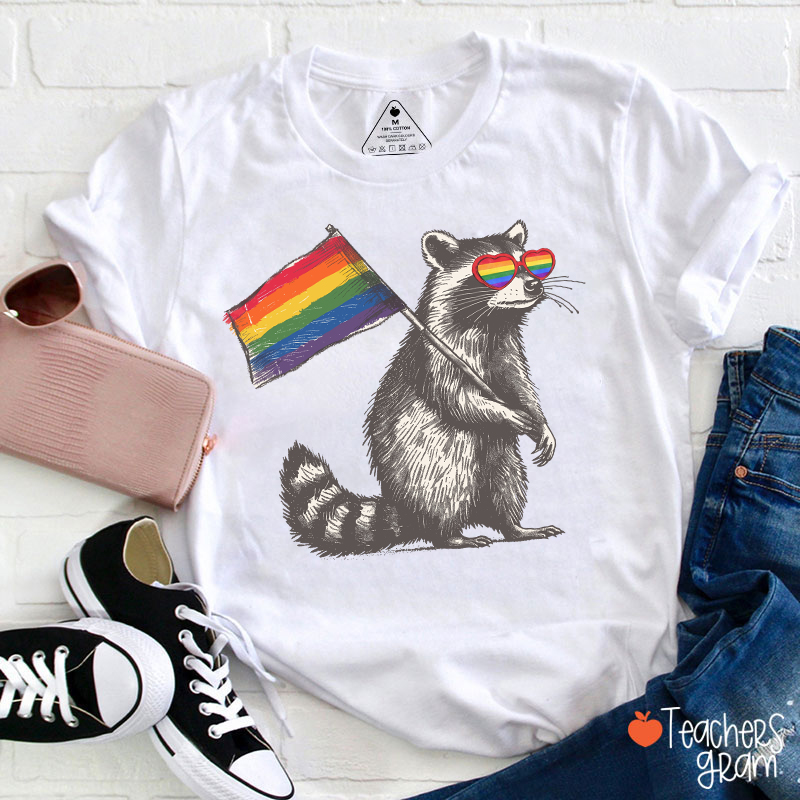Funny Raccoon Rainbow Flag Pride Teacher T-Shirt
