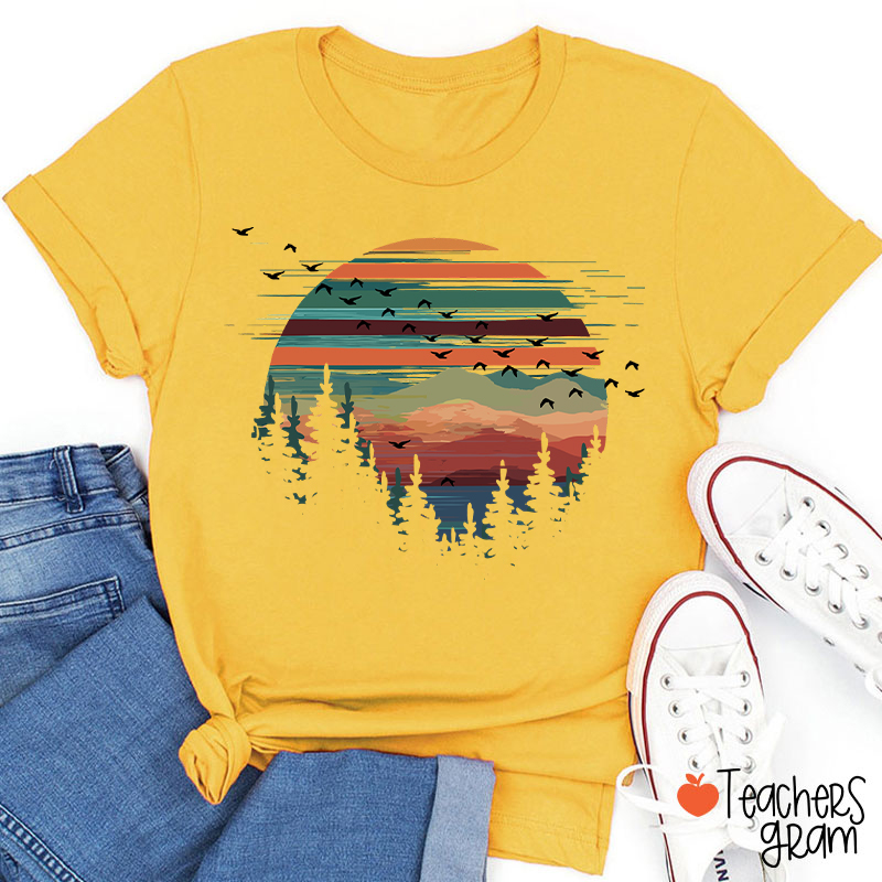 Retro Mountain Sunset Forest And Birds Teacher T-Shirt
