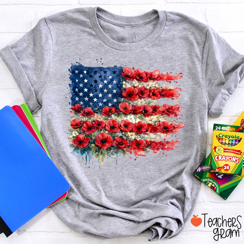 4th Of July Floral American Flag Teacher T-Shirt