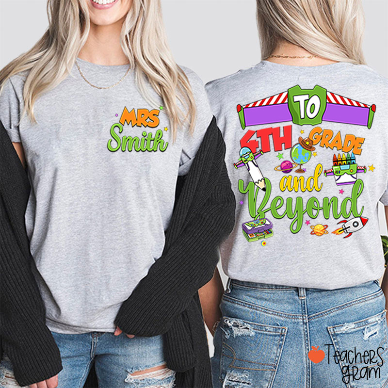 Personalized Grade Cartoon School Supply Rocket Teacher Two Sided T-Shirt