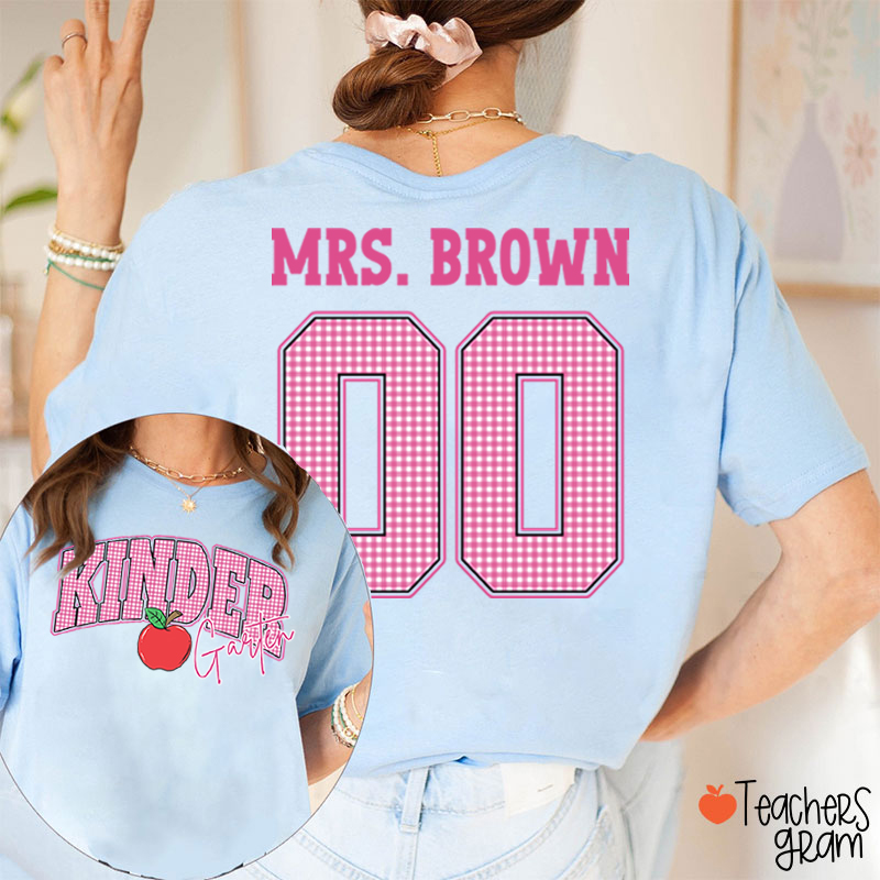 Personalized Grade And Name Checkered Letter Apple Teacher Two Sided T-Shirt