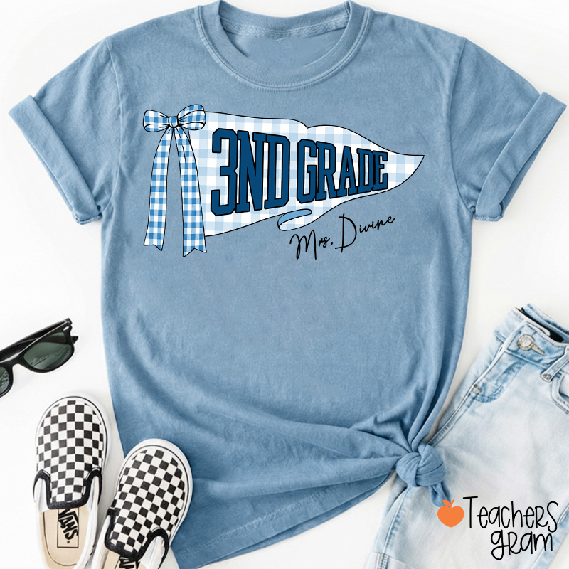 Personalized Grade And Name Gingham Bow Pennant Teacher T-Shirt