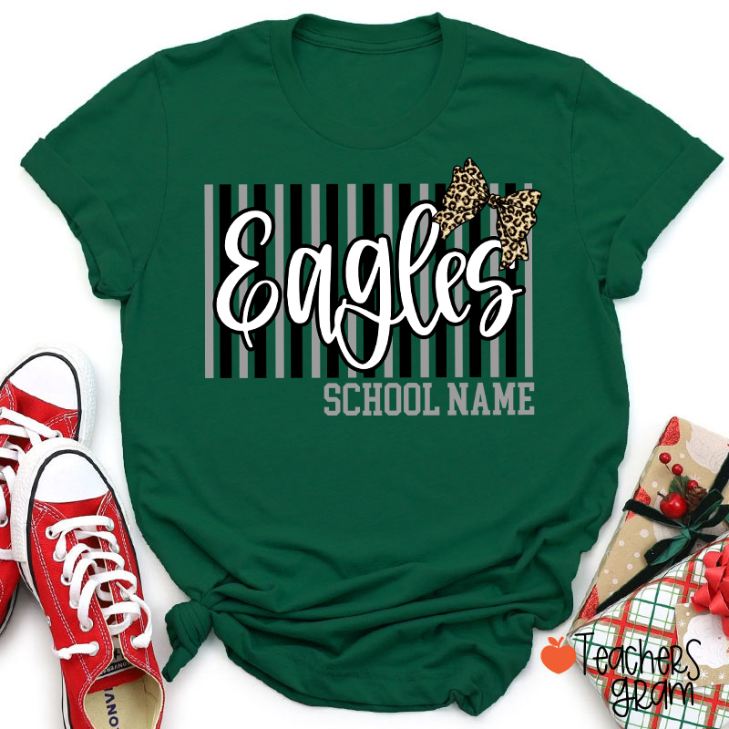 Personalized School Mascot Stripe Leopard Bow Teacher T-Shirt