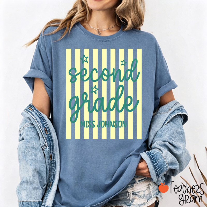 Personalized Grade Blue Gingham Stripes Teacher T-Shirt