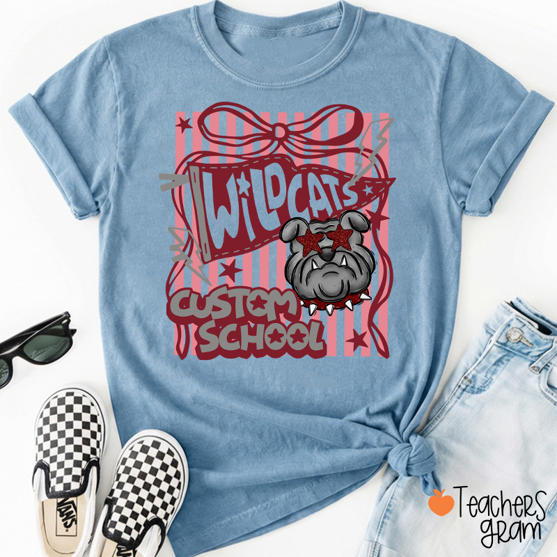 Personalized Mascot Coquette Bow Striped Teacher T-Shirt