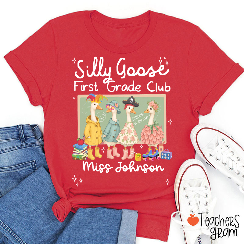 Personalized Grade Name Silly Goose Cartoon Classroom Print Teacher T-Shirt