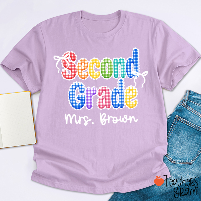 Personalized Grade Name Rainbow Gingham Teacher T-Shirt