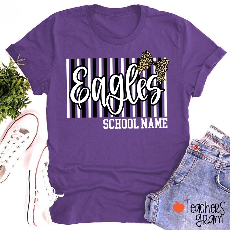 Personalized School Mascot Stripe Leopard Bow Teacher T-Shirt