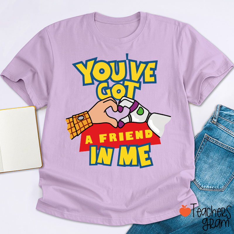 You've Got A Friend In Me Cartoon Cowboy Astronaut Hand Heart Friendship Teacher T-Shirt