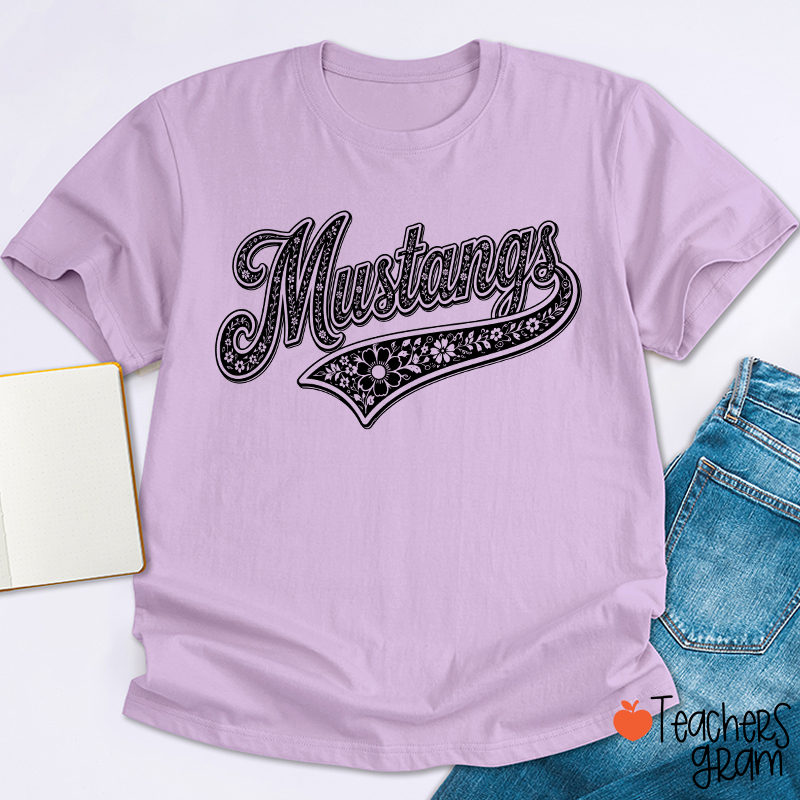 Personalized Mascot Floral Script Teacher T-Shirt
