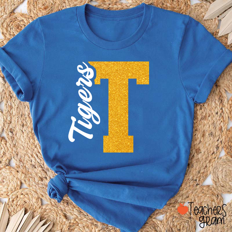 Personalized Mascot Initial Glitter Print Puff Printed Teacher T‑Shirt
