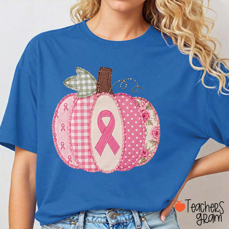 Pink Faux Patchwork Pumpkin Ribbon Teacher T‑Shirt