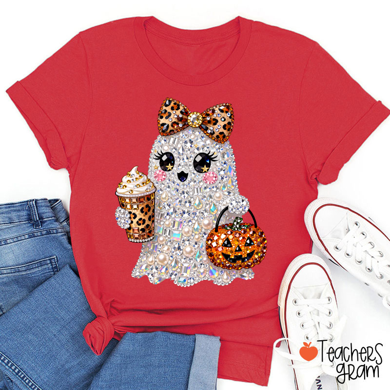 Faux Rhinestone Ghost Leopard Bow Coffee Pumpkin Teacher T-Shirt