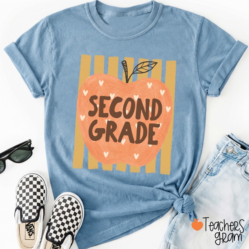 Personalized Grade Heart Apple Vertical Stripe Teacher T-Shirt