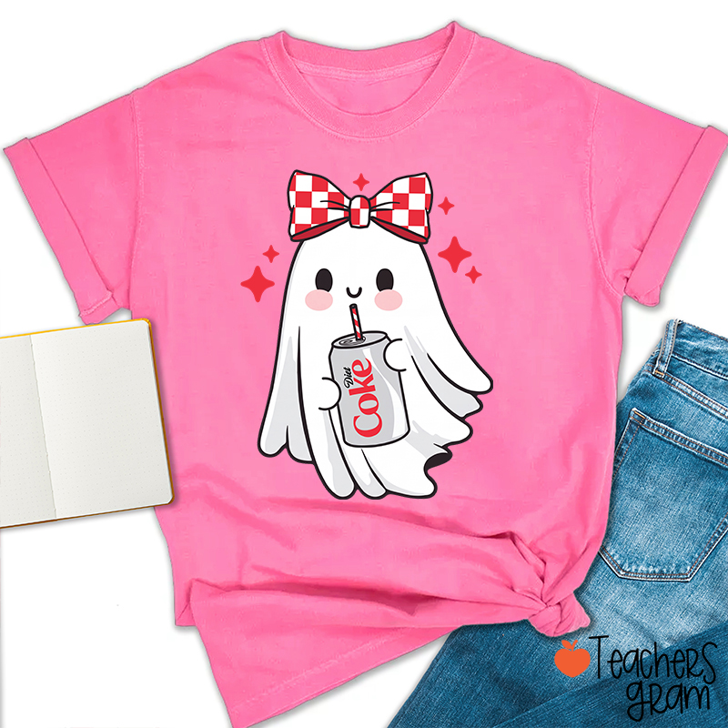 Cute Ghost With Red Checkered Bow Soda Drink Halloween Teacher T-Shirt