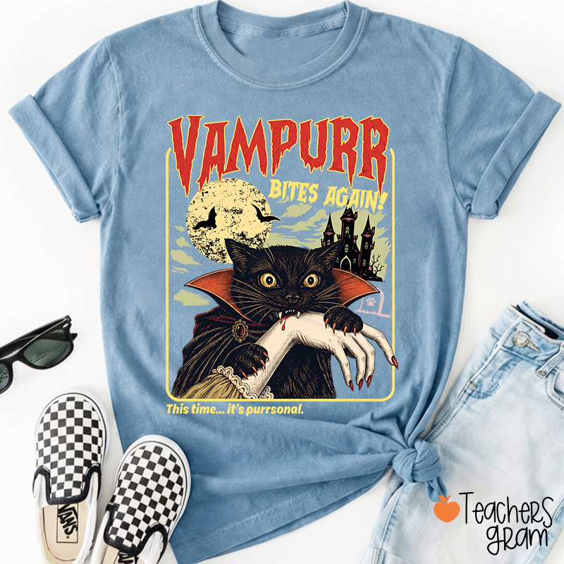 Vampurr Bites Again Vampire Black Cat Halloween Teacher T-Shirt