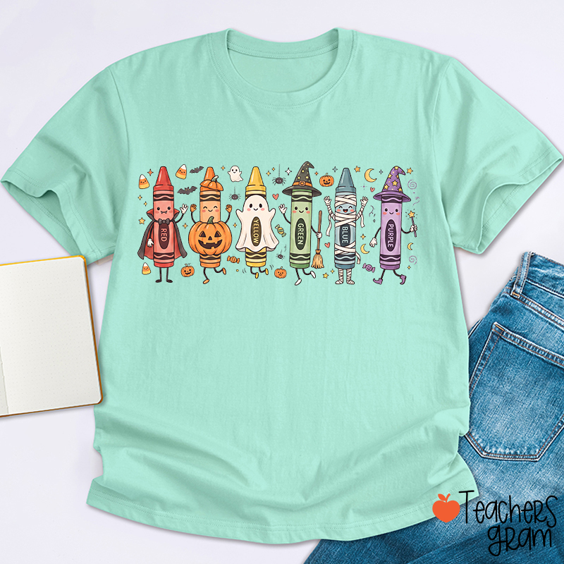 Halloween Cartoon Crayons Character Teacher T-Shirt