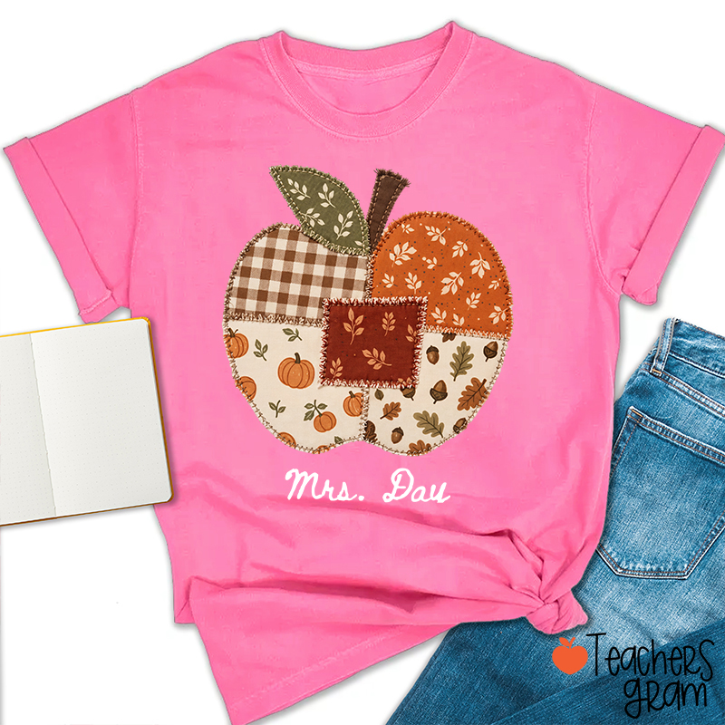 Personalized Name Faux Patchwork Punkpkin Teacher T-Shirt