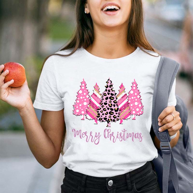 Merry Christmas Pink Christmas Trees Teacher T-Shirt