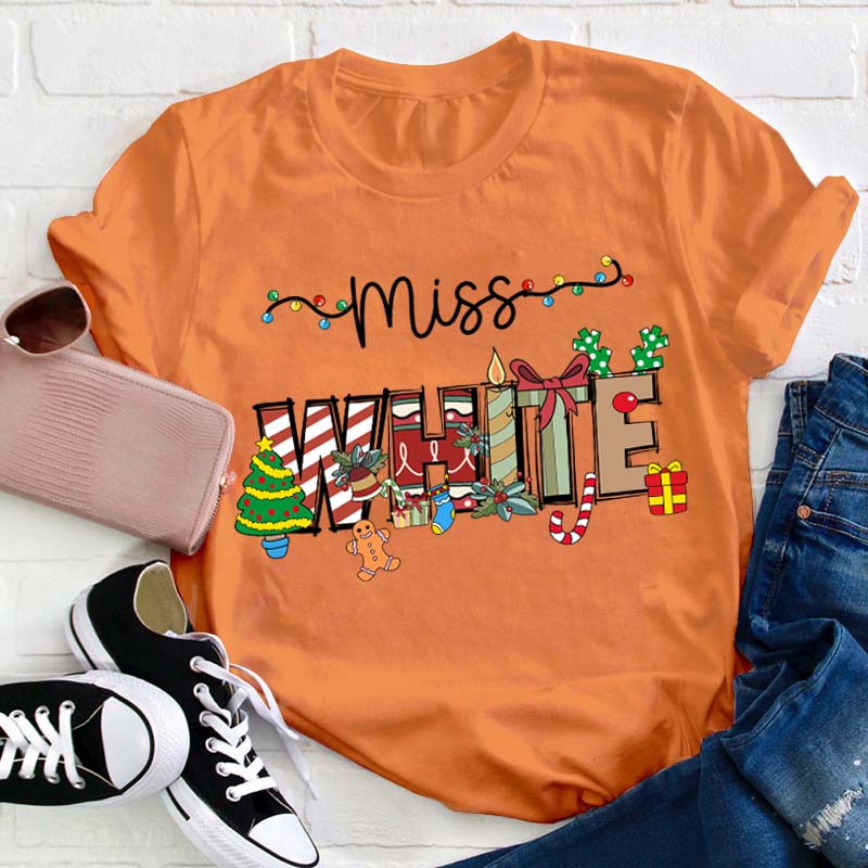Personalized Name Cute Christmas Elements Teacher T-Shirt