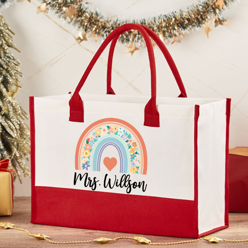 Personalized Flower Rainbow Teacher Cotton Tote Bag