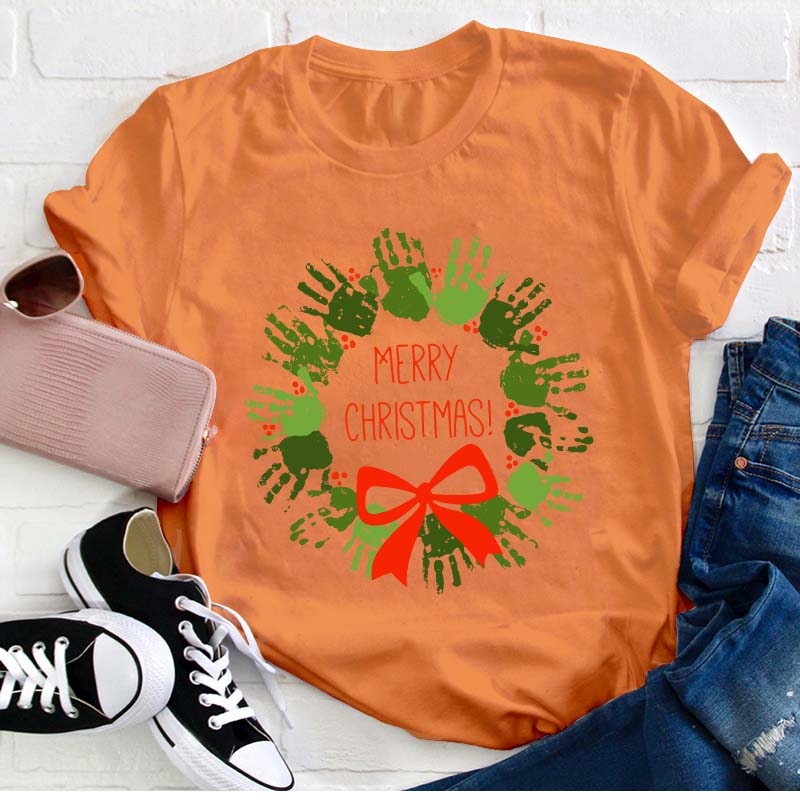 Cute Hands Merry Christmas Teacher T-Shirt