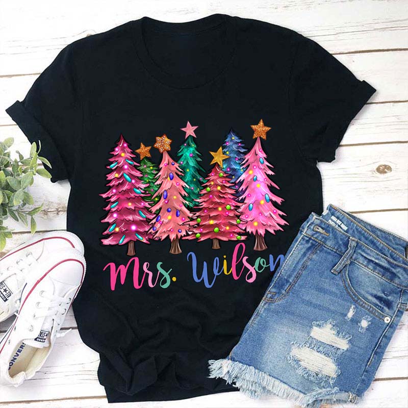Personalized Name Colorful Christmas Trees Teacher T-Shirt