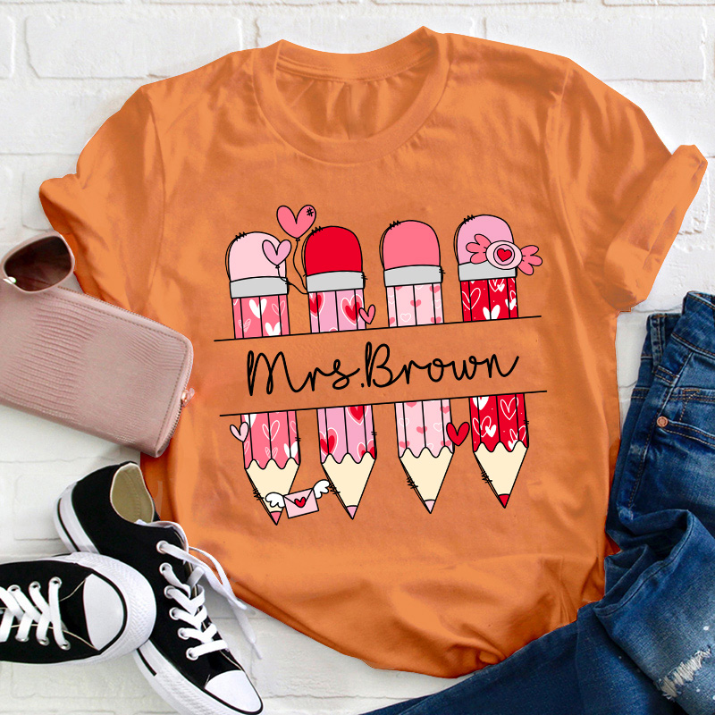 Personalized Pink Pencil Name Teacher T-Shirt
