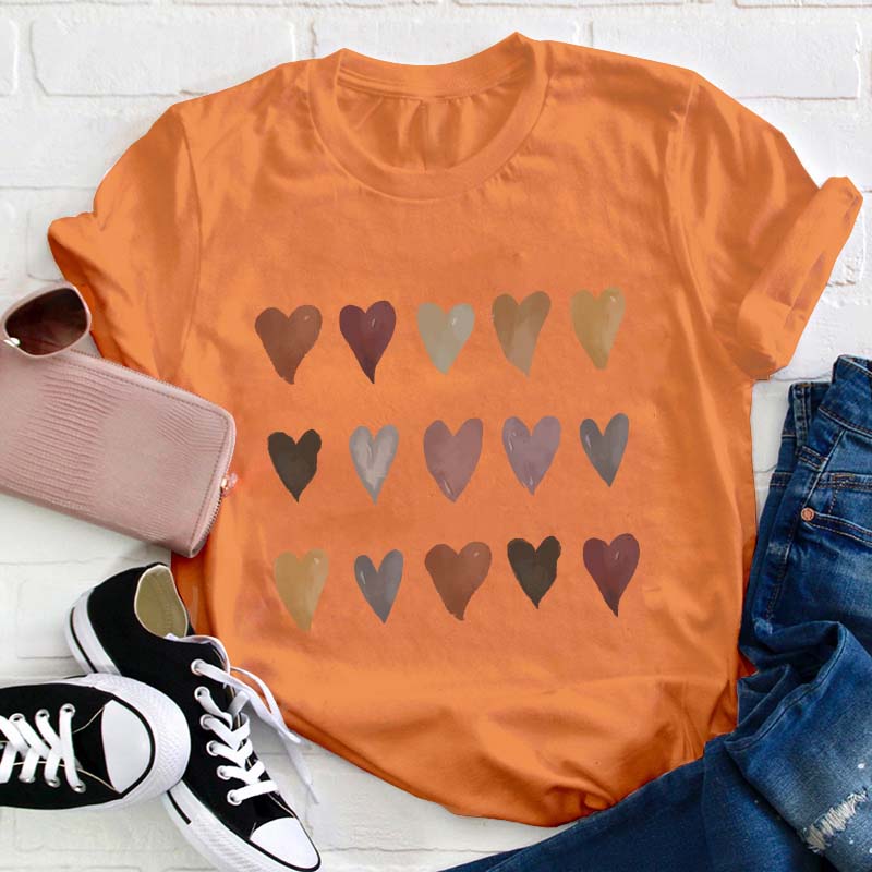 Skin Tone Kindness Watercolor Hearts Teacher T-Shirt