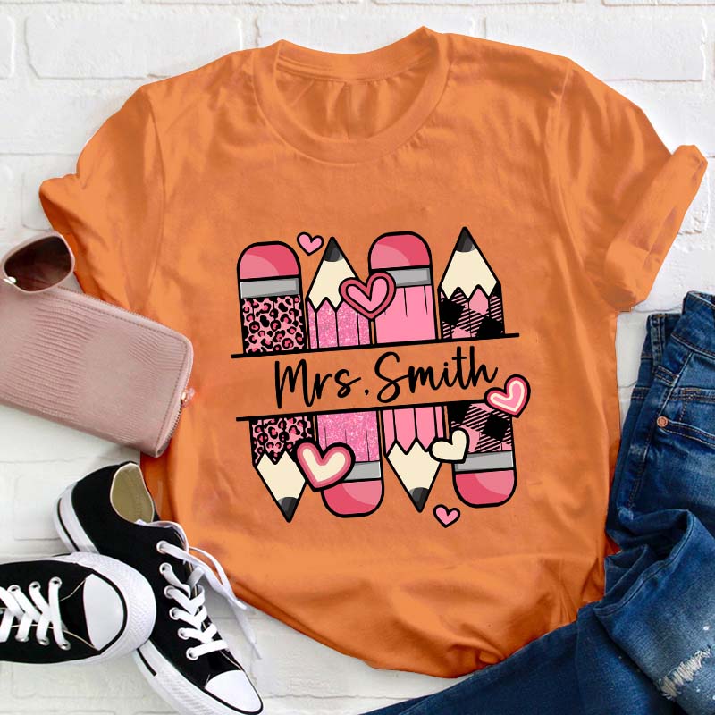 Personalized Name Pink Pencil Teacher T-Shirt