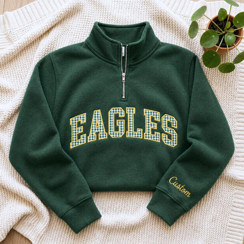 Personalized Embroidered Gingham Mascot Teacher Quarter Zip Sweatshirt