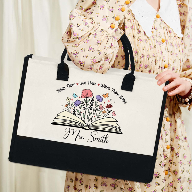 Personalized Teach Love Watch Them Grow Teacher Cotton Tote Bag